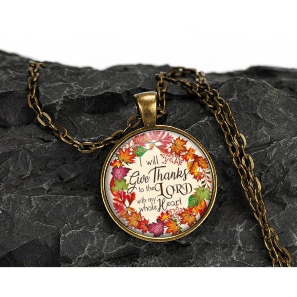 Thankful Faithful Religious Autumn Fall Bronze Glass Pendant Necklace 20 Inch